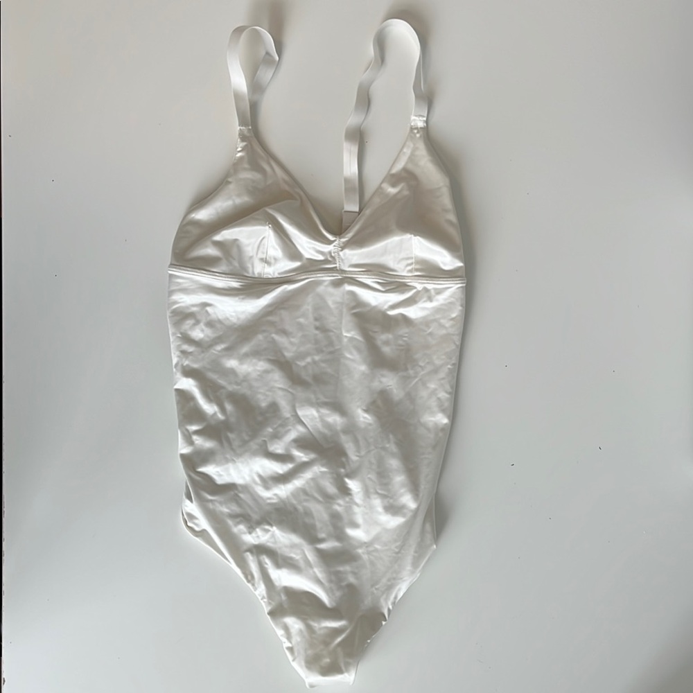 Spanx Satin Shaping Thong Bodysuit in Linen (Off-White) XS